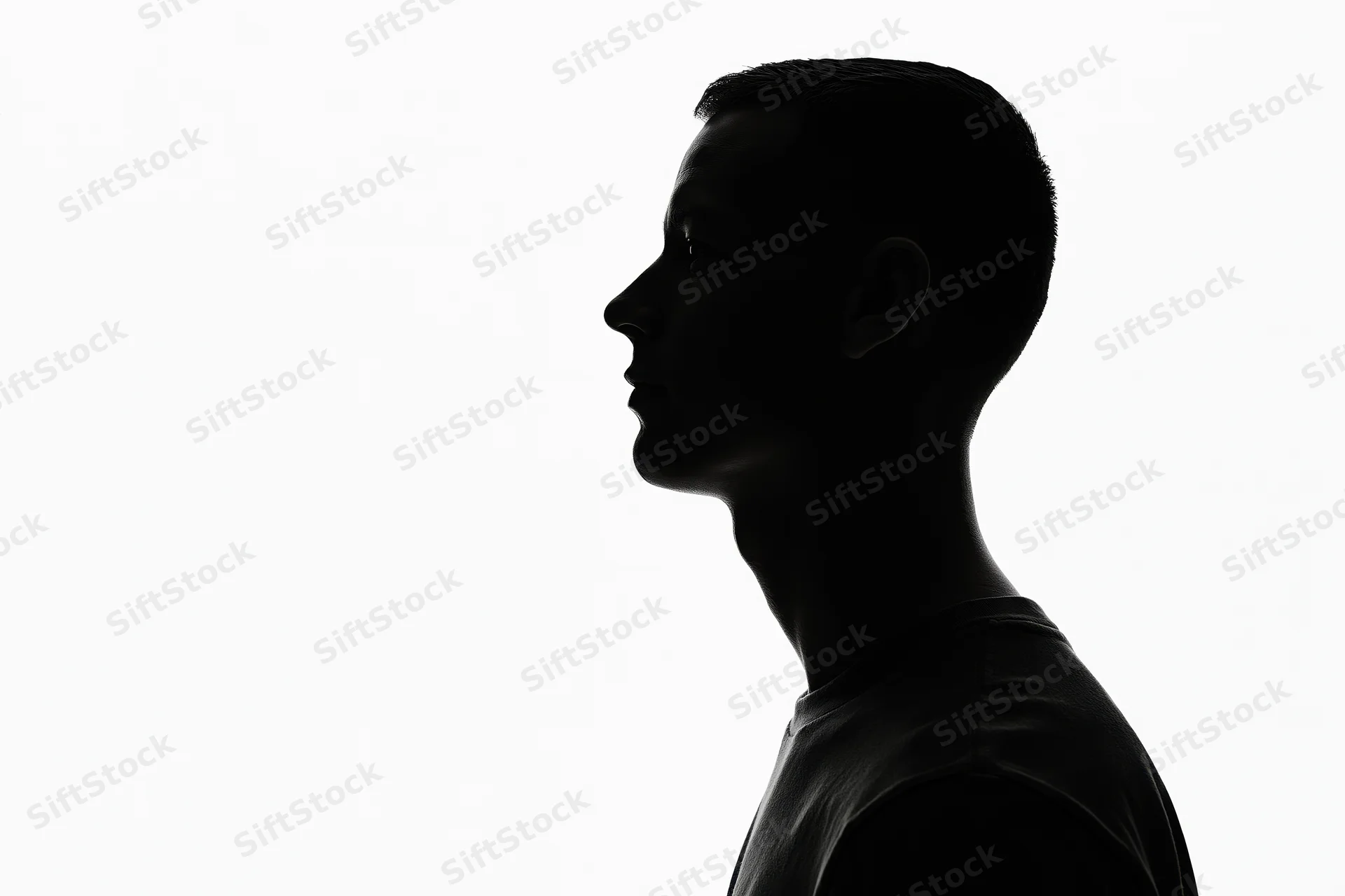 Silhouette of a young man in profile looking upward against white background