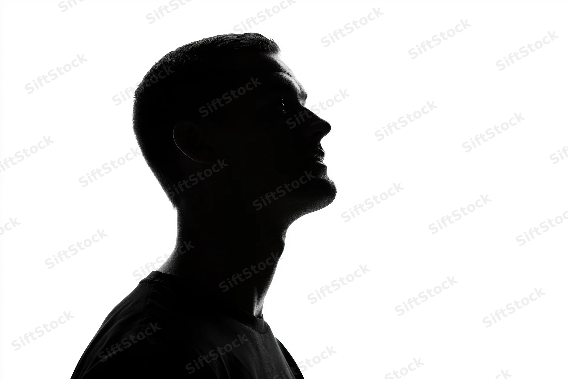 Silhouette of a young man in profile looking upward against white background