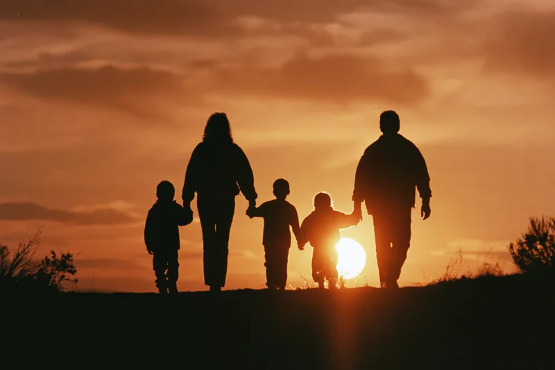 Silhouette of a family of four walking hand in hand along a hill at sunset