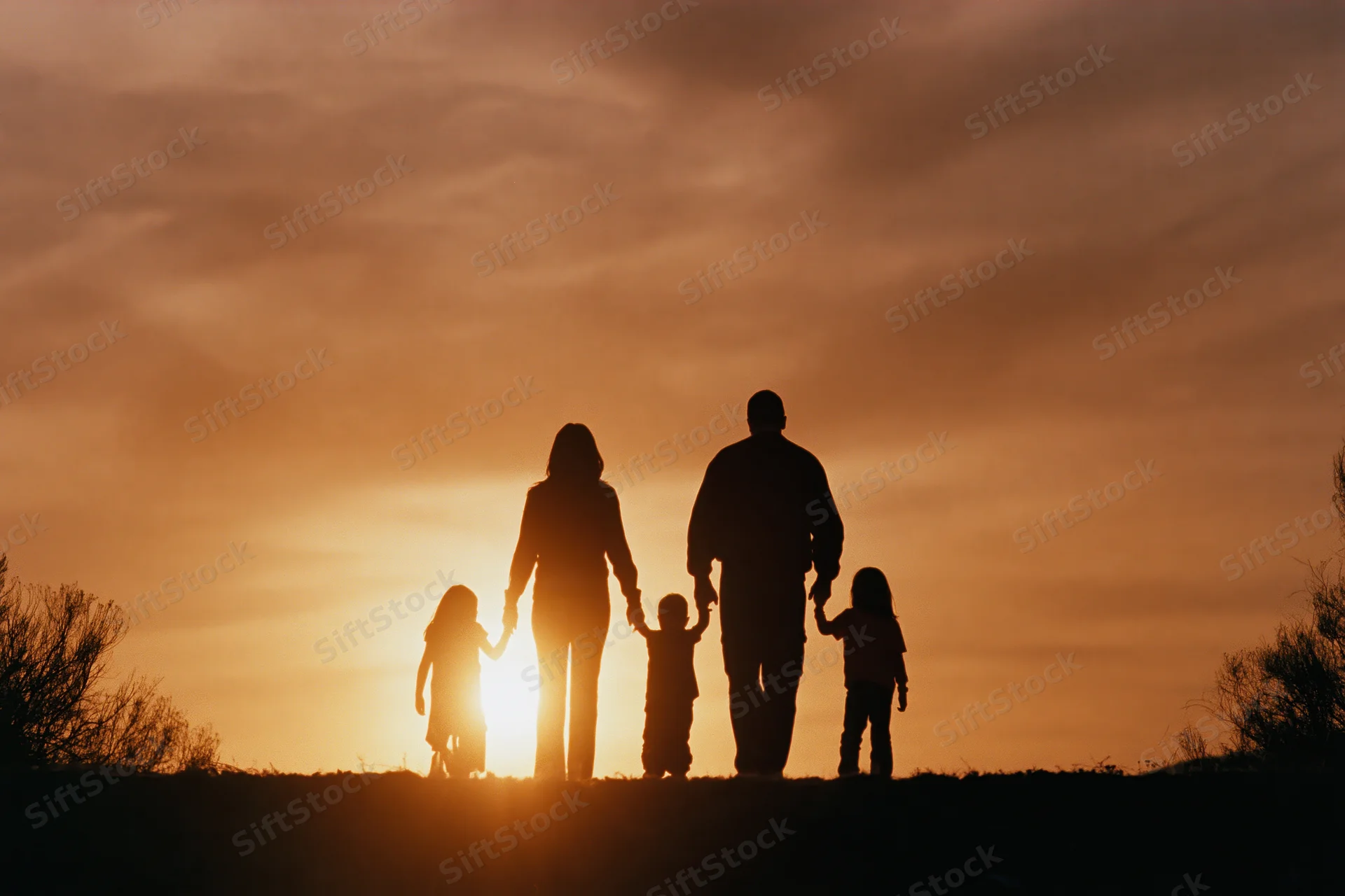 Silhouette of a family of four holding hands walking on a hill at sunset