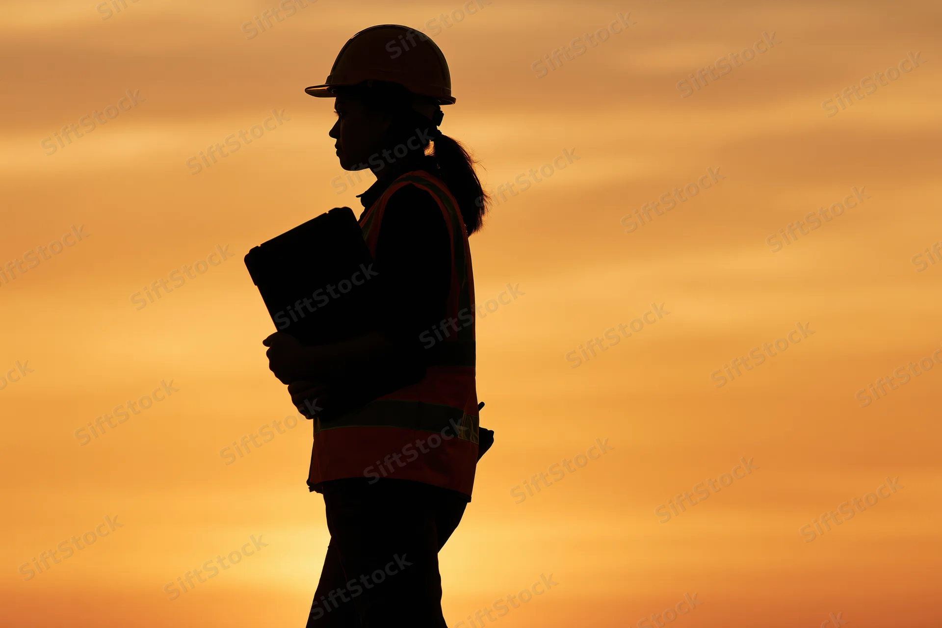 Silhouette of a female construction engineer holding a folder outdoors at sunset