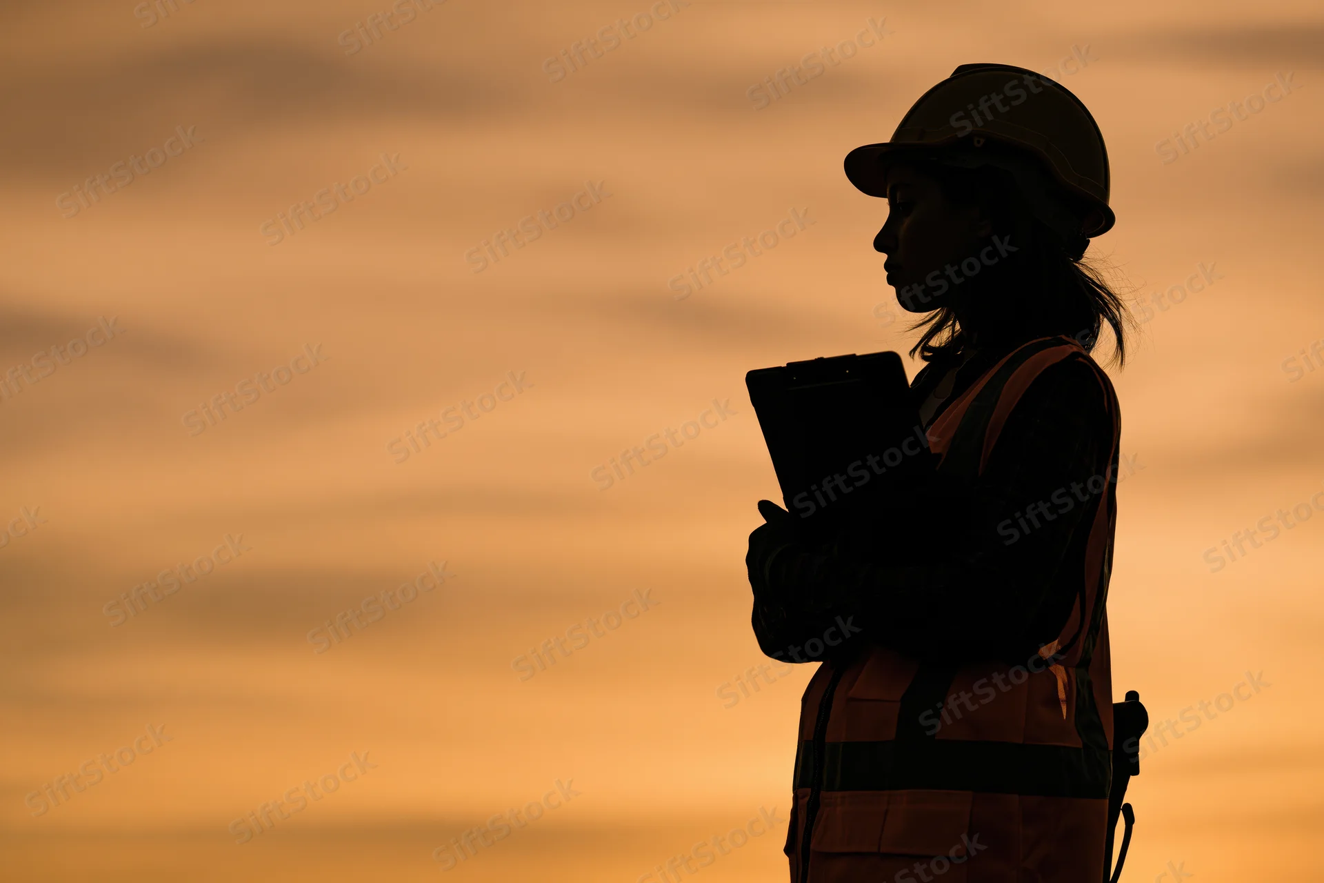 Silhouette of a female construction engineer holding a clipboard outdoors at sunset