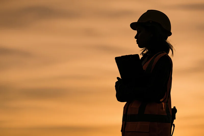Silhouette of a female construction engineer holding a clipboard outdoors at sunset