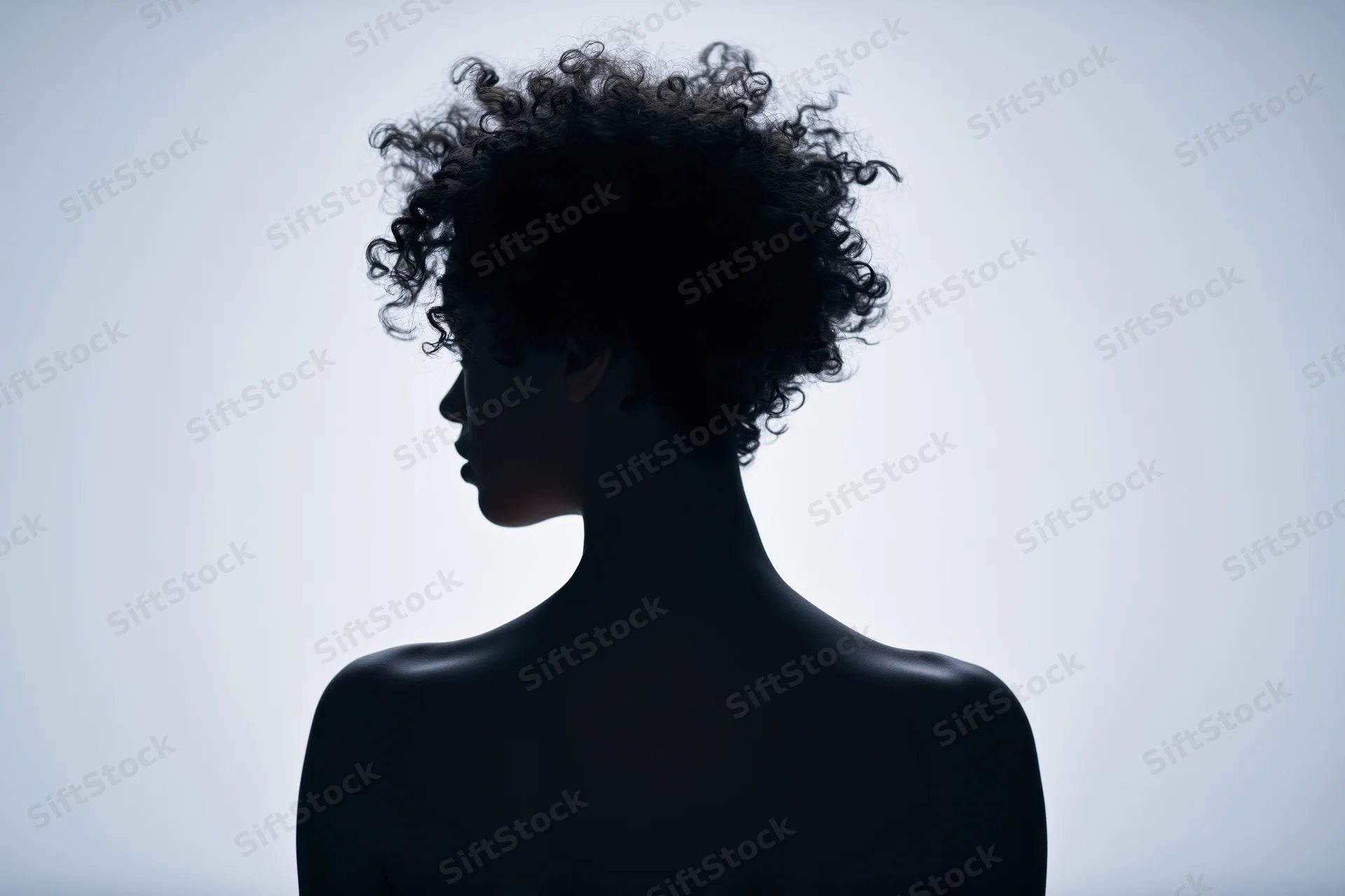 Silhouette of a woman with short curly hair in profile against a light background