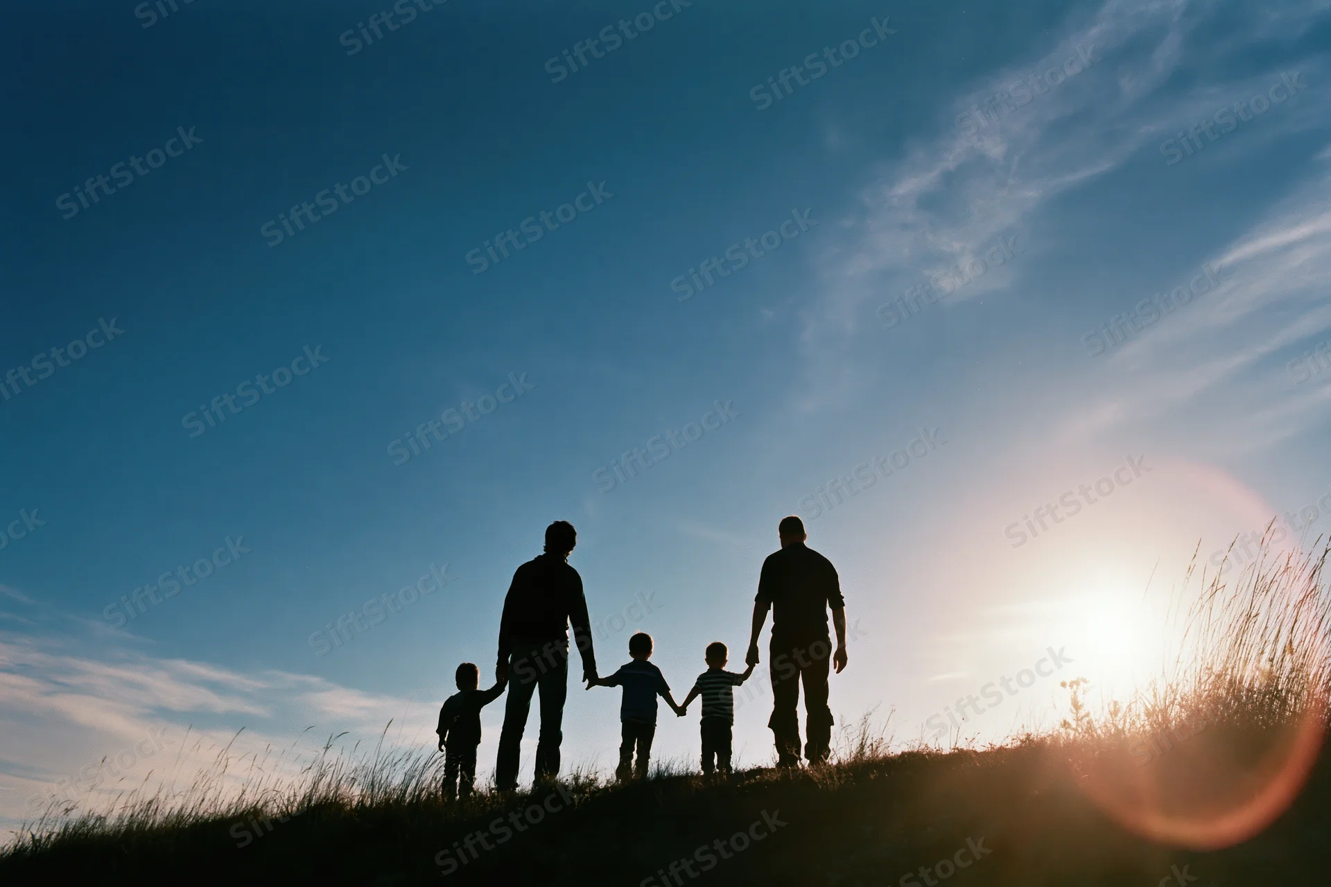 Silhouette of family holding hands on grassy hill at sunset