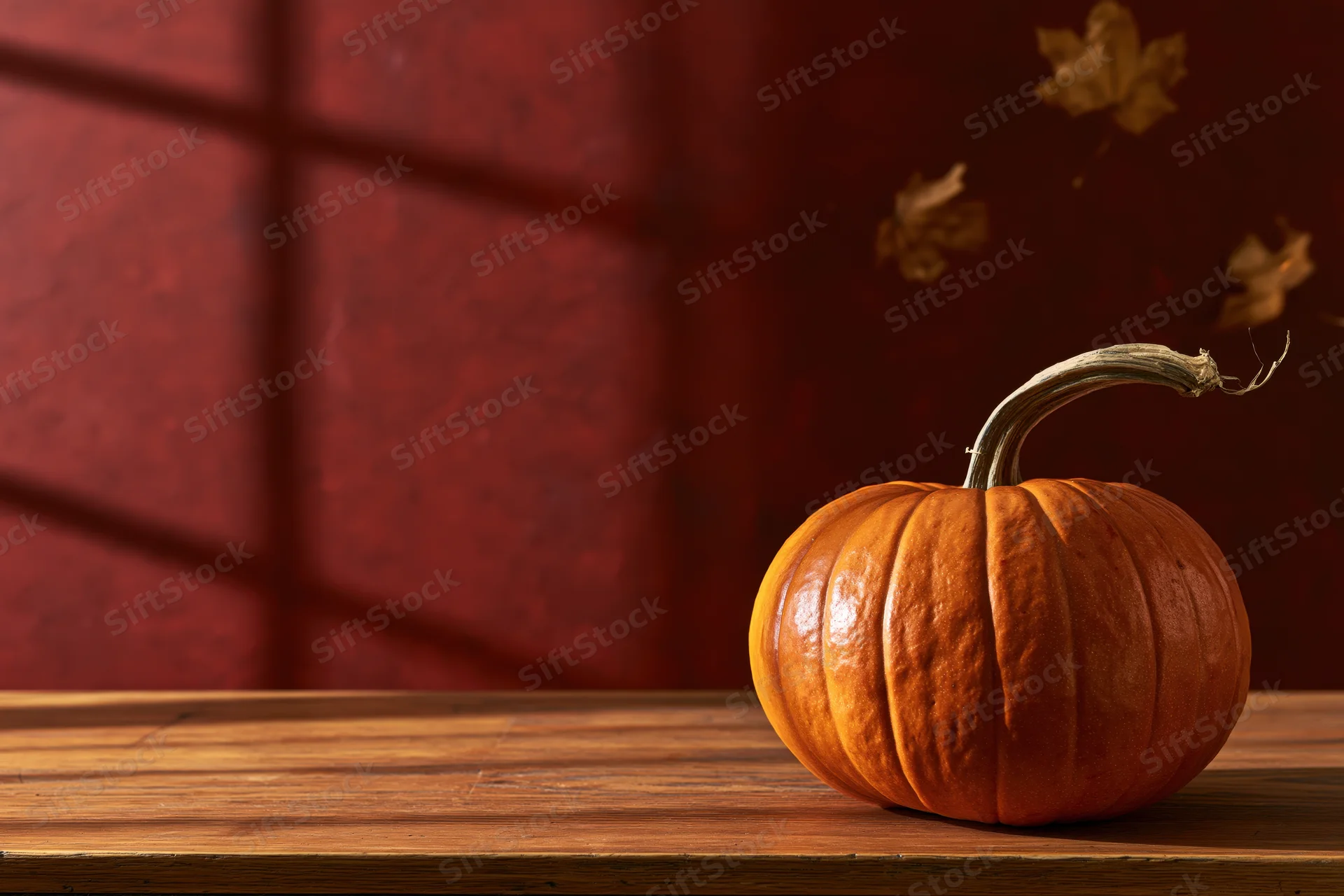Orange pumpkin with curved dry stem resting on wooden bar against red wall with falling leaves