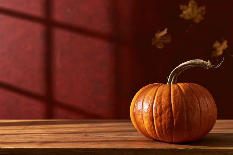 Orange pumpkin with curved dry stem resting on wooden bar against red wall with falling leaves