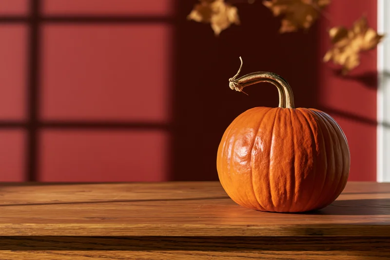 Small orange pumpkin with curved dry stem resting on wooden bar against red wall