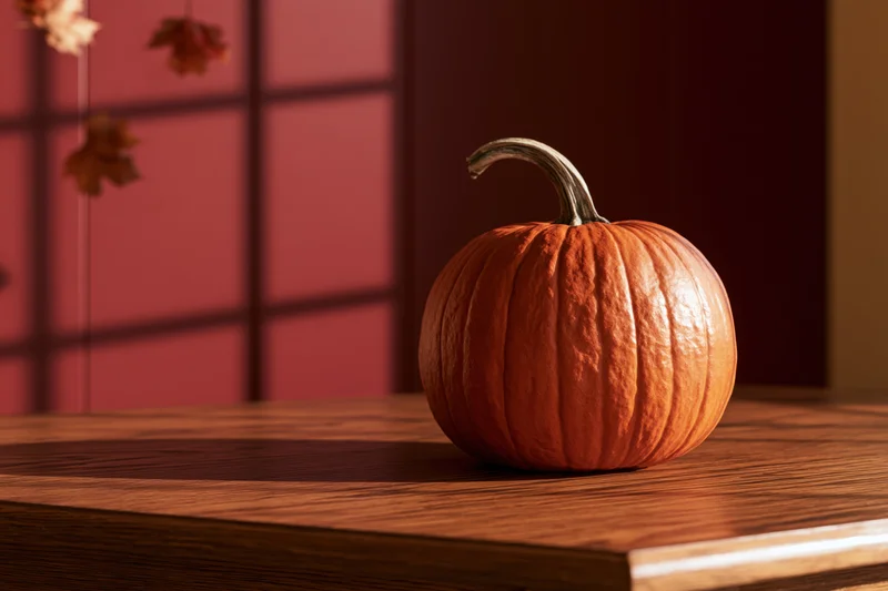 Orange pumpkin with curved dry stem resting on wooden table near window with floating autumn leaves