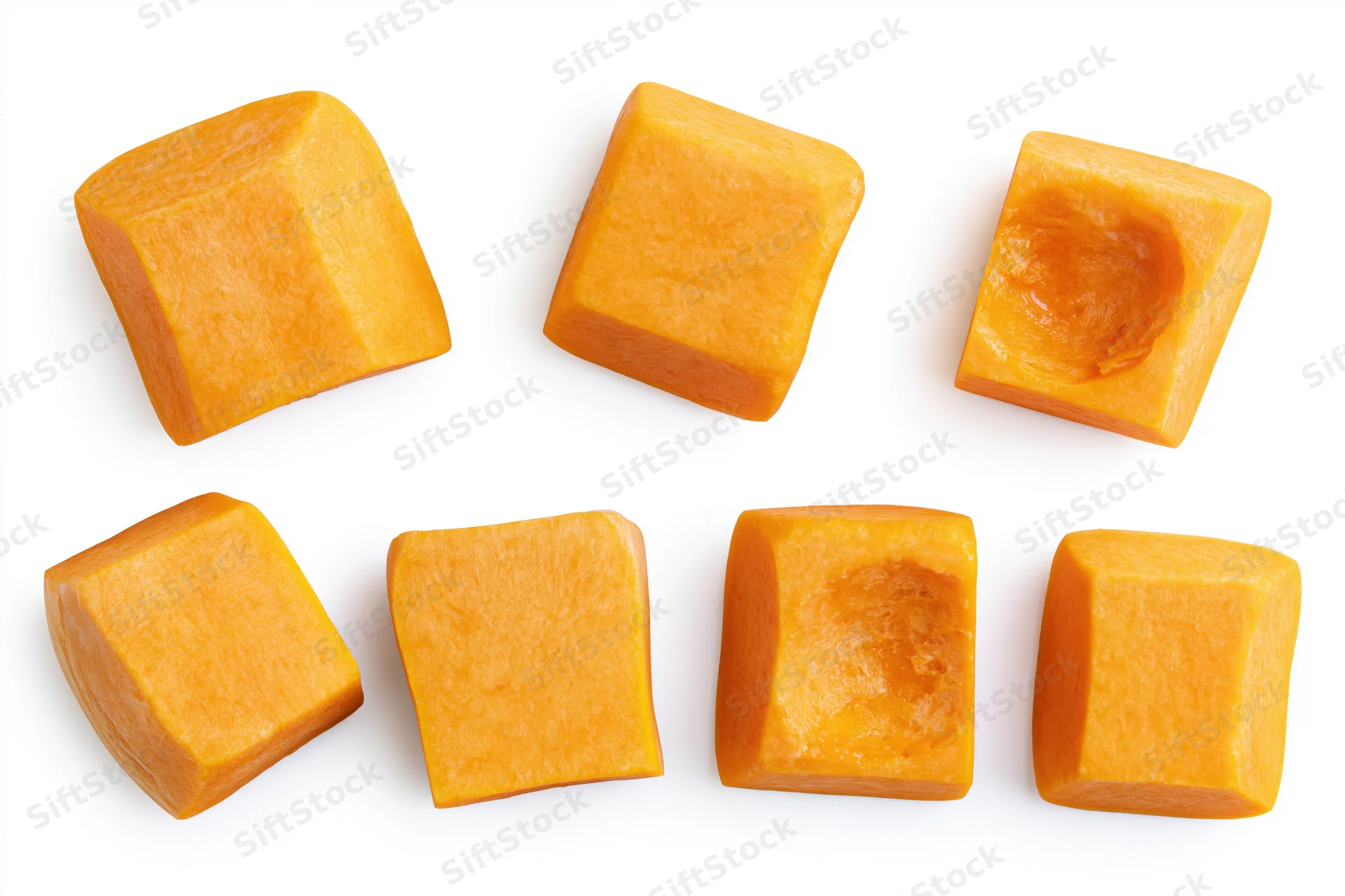 Raw butternut squash chunks arranged in two rows on white background