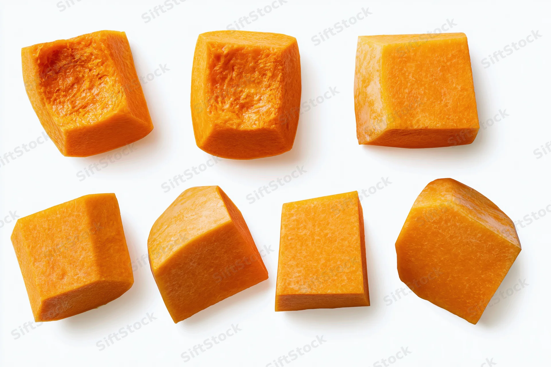 Six raw butternut squash chunks arranged in two rows on white background