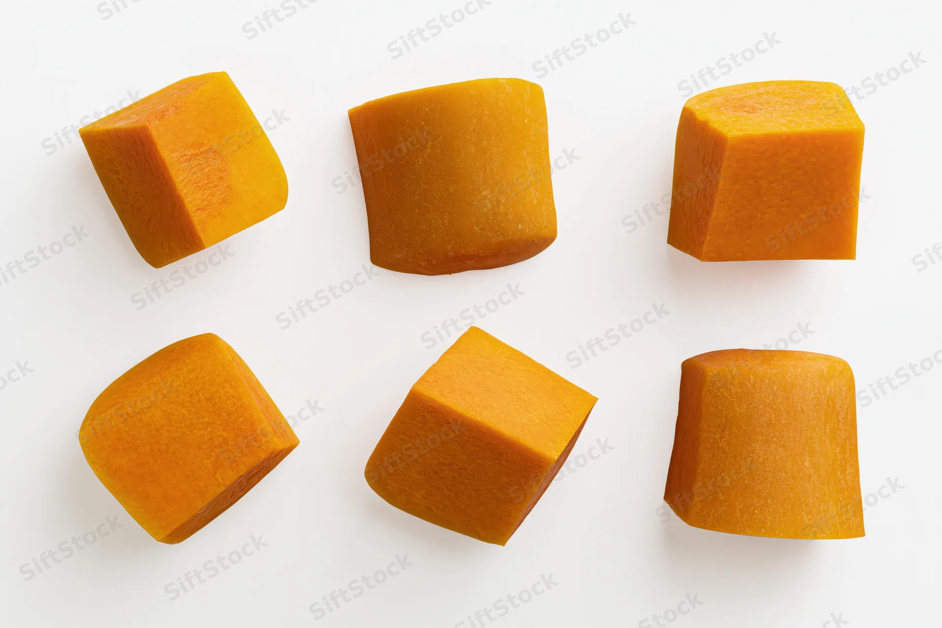 Six raw butternut squash chunks arranged in two rows on white background