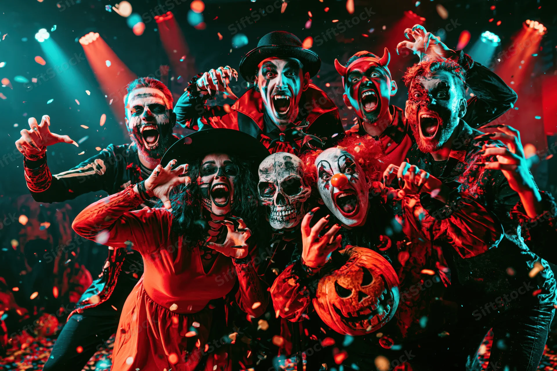 Group of young adults in halloween costumes posing with masks and props at a party under stage lights