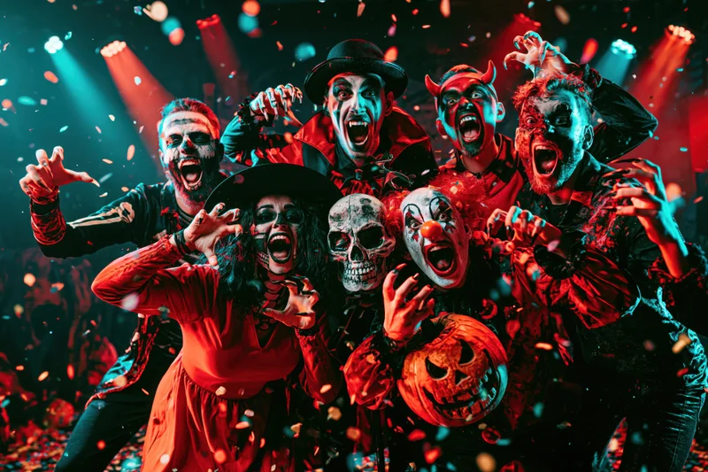 Group of young adults in halloween costumes posing with masks and props at a party under stage lights