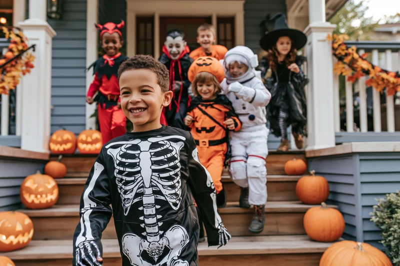 Smiling child in skeleton costume leading group of kids in halloween costumes down porch steps decorated with pumpkins