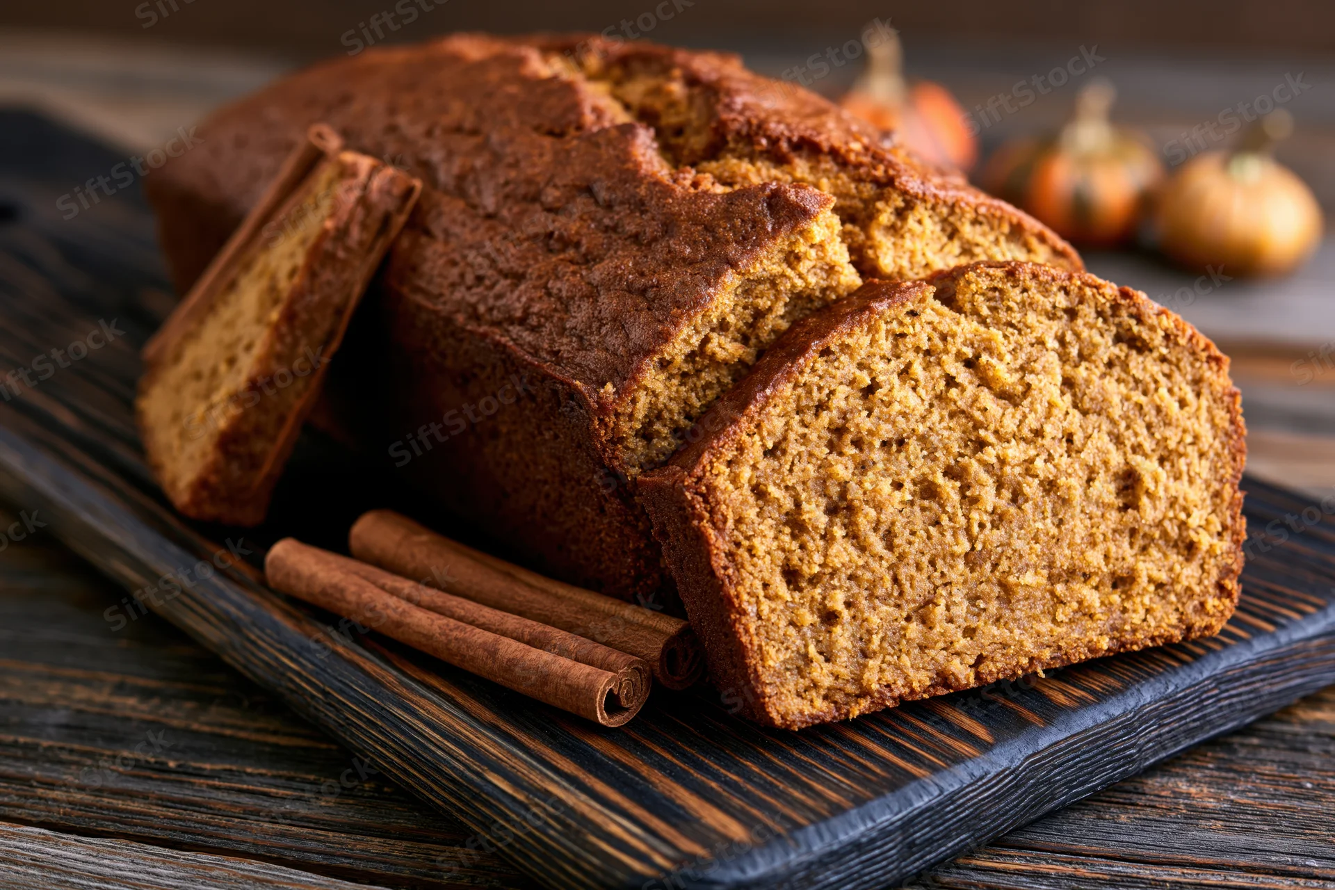 Sliced pumpkin loaf cake on dark wooden cutting board with cinnamon sticks and small pumpkins in background