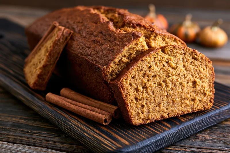 Sliced pumpkin loaf cake on dark wooden cutting board with cinnamon sticks and small pumpkins in background