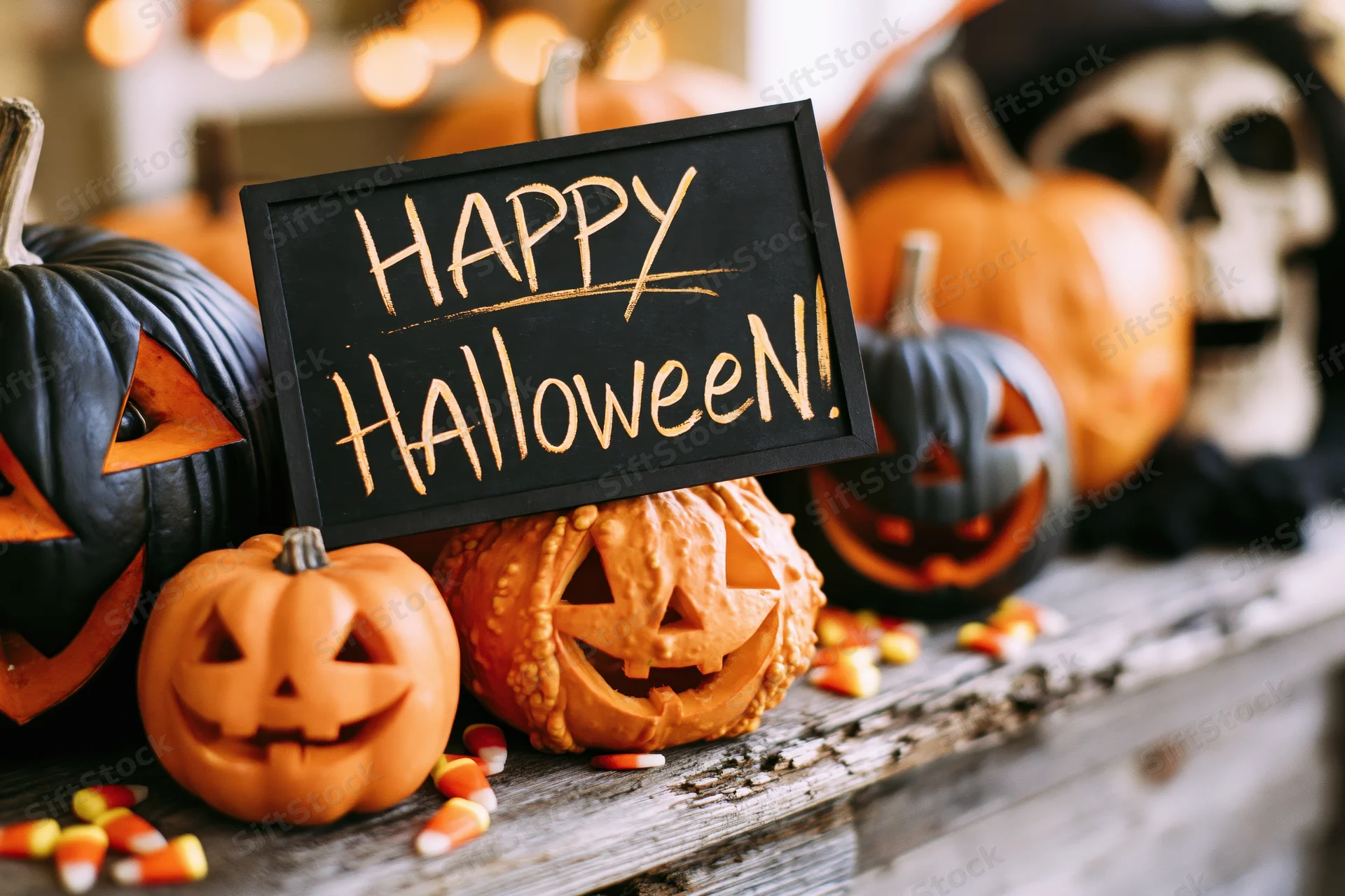 Carved pumpkins and a chalkboard sign reading happy halloween on a wooden table with candy corn and a skull in the background