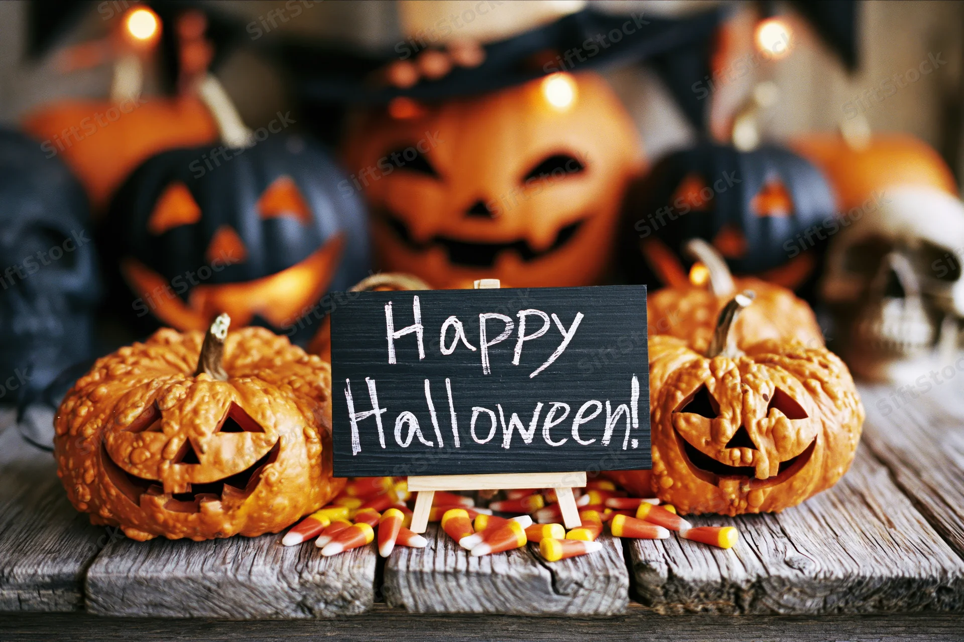 Carved pumpkins and candy corn arranged around a chalkboard sign reading happy halloween on a wooden table