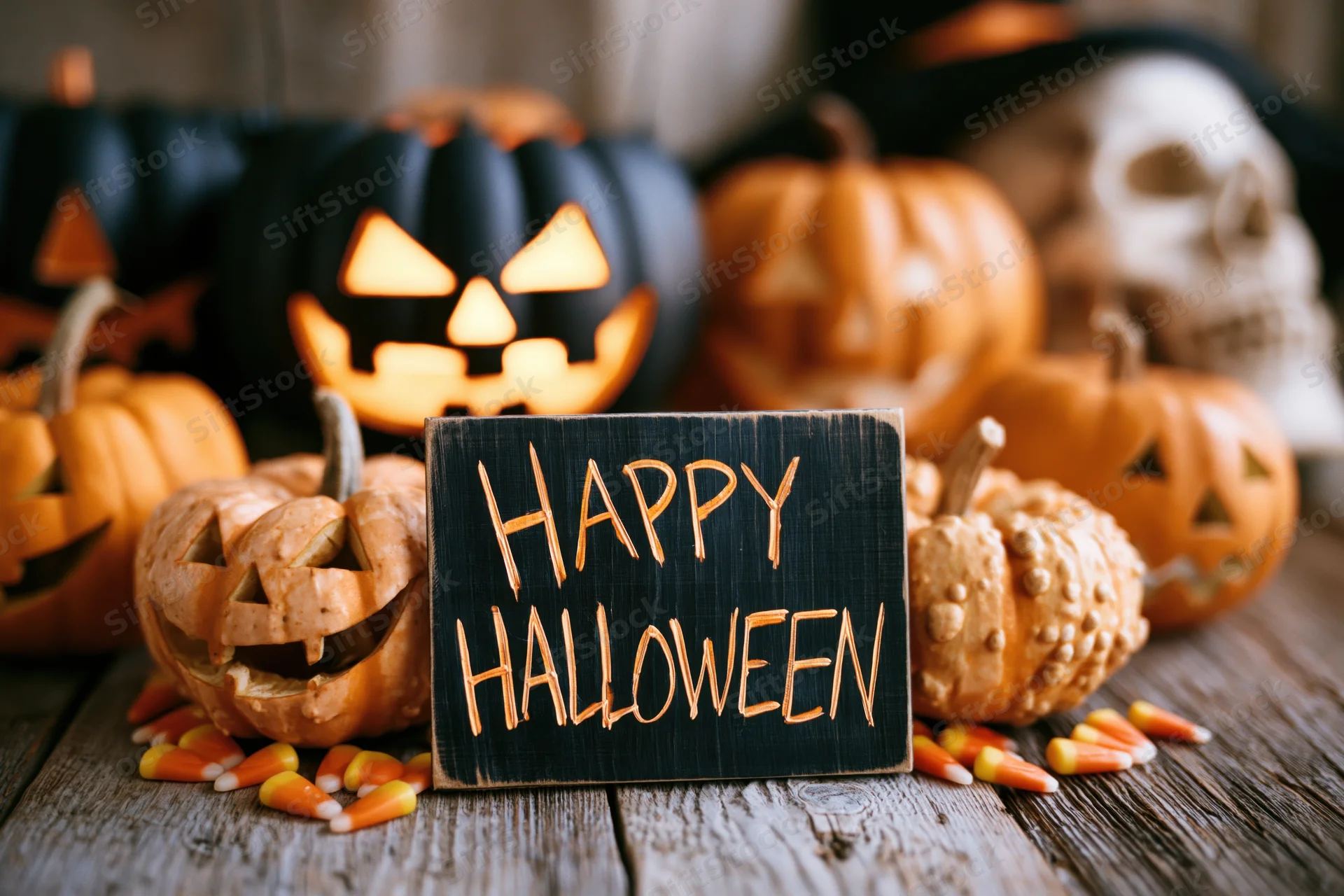 Carved pumpkins and candy corn arranged around a blackboard sign reading happy halloween on a wooden table