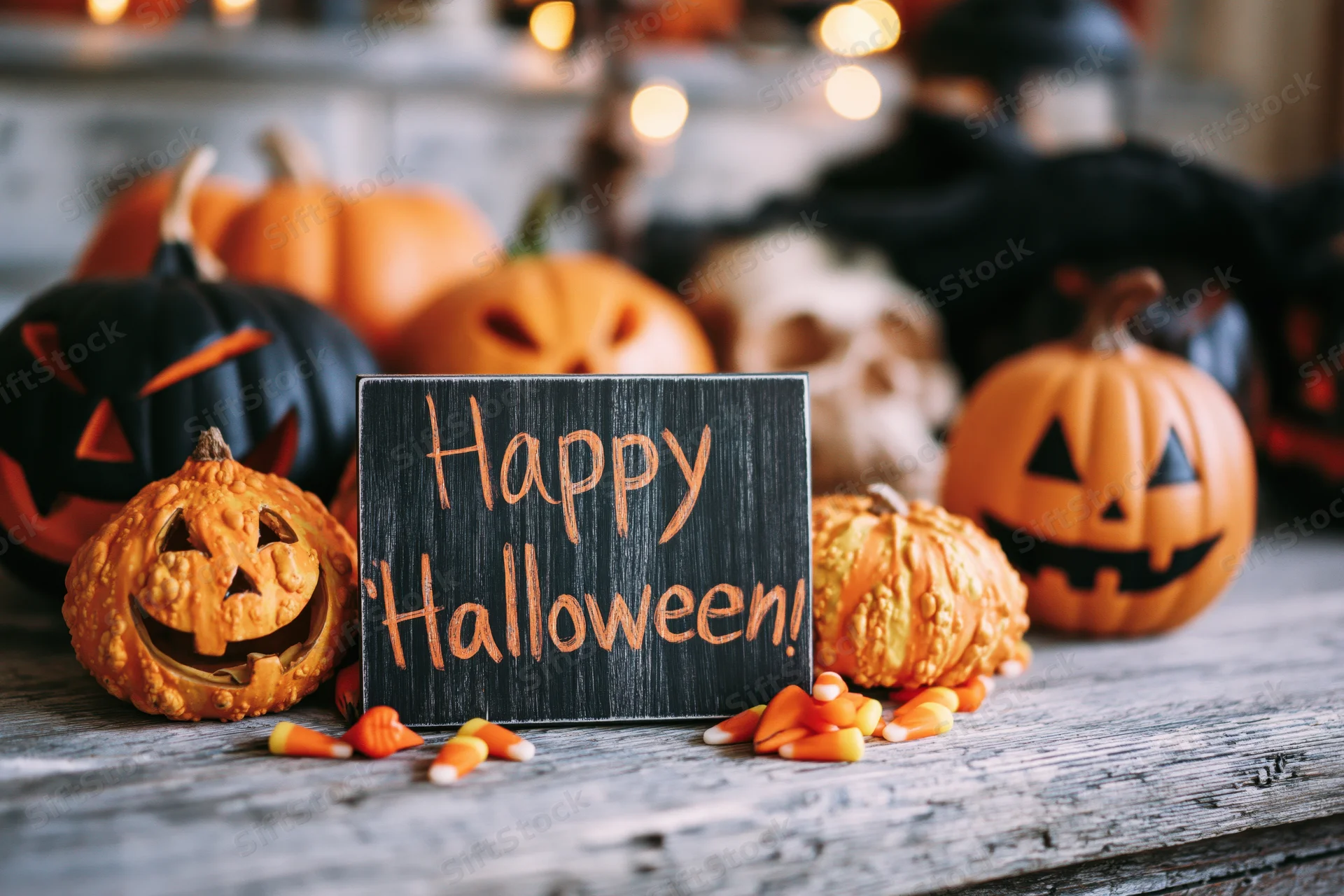 Carved pumpkins and candy corn arranged around a blackboard sign reading happy halloween on a wooden table