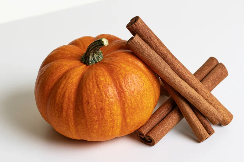 Small orange pumpkin beside a bundle of cinnamon sticks on a white surface