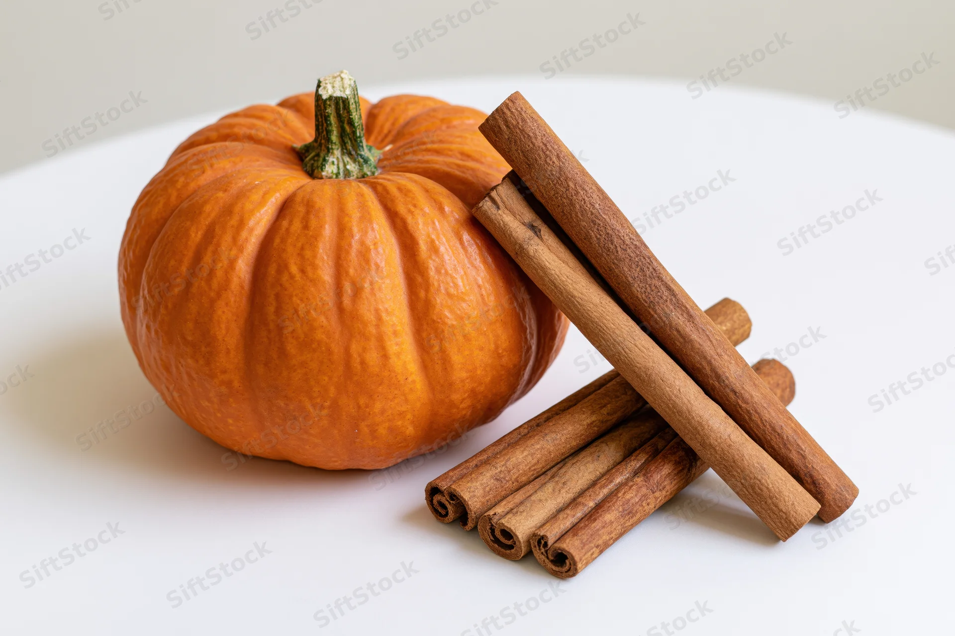 Small orange pumpkin beside a bundle of cinnamon sticks on a white surface