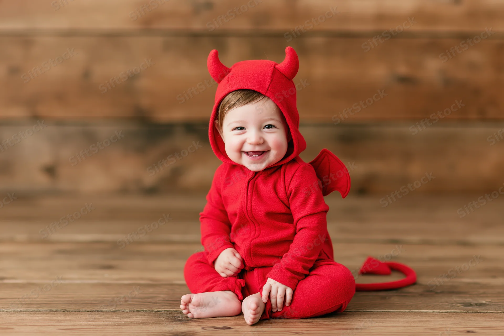 Smiling baby in red devil costume sitting on wooden floor
