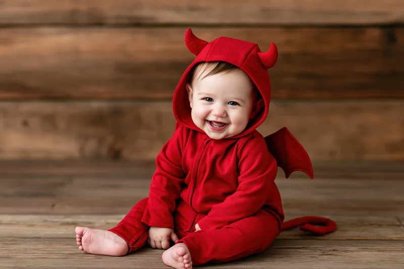 Smiling baby in red devil costume sitting on wooden floor