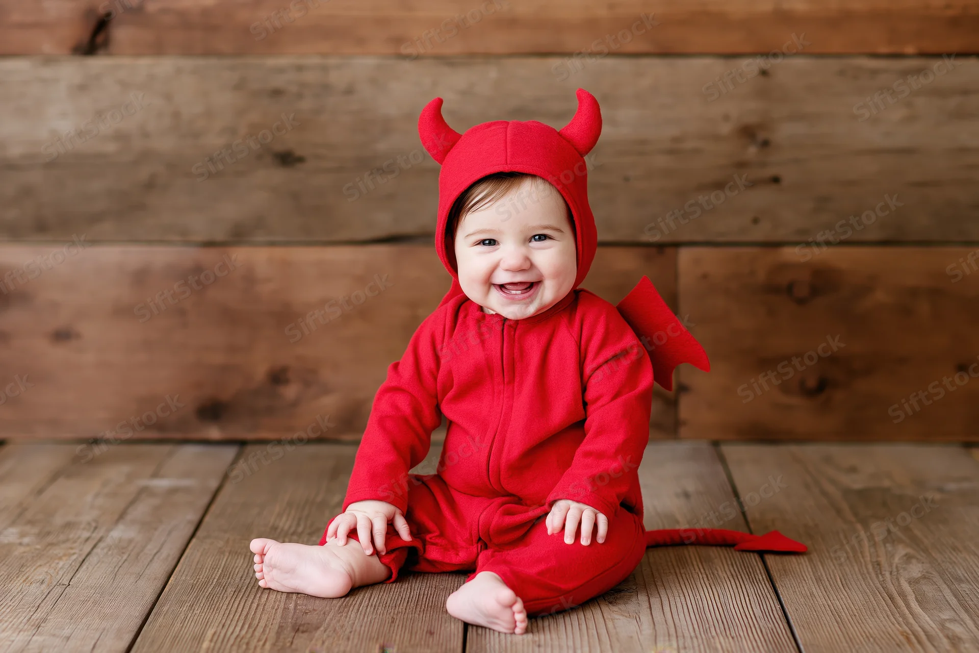 Smiling baby in red devil costume sitting on wooden floor