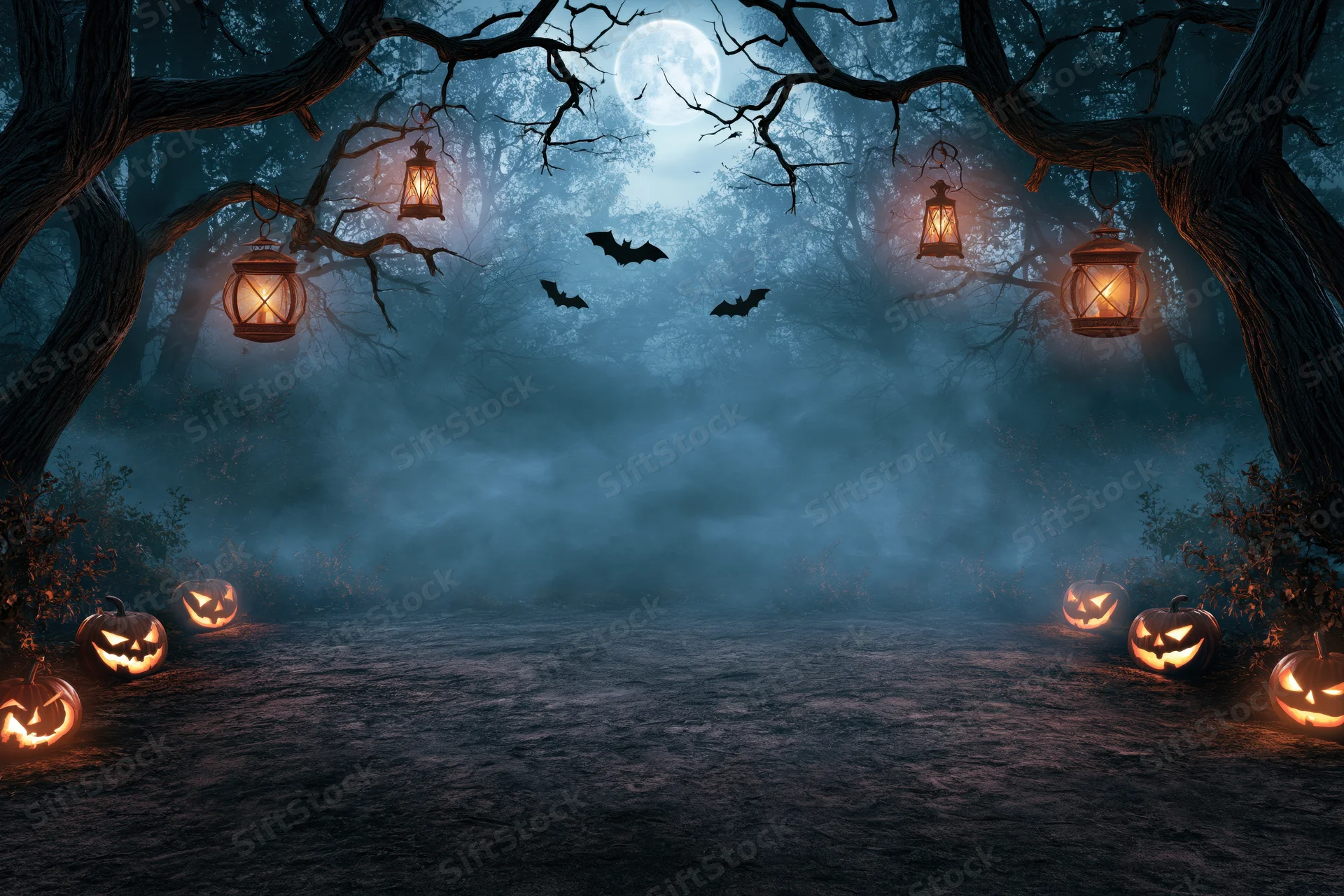Spooky forest clearing at night with glowing jack-o-lanterns and lanterns hanging from trees under a full moon