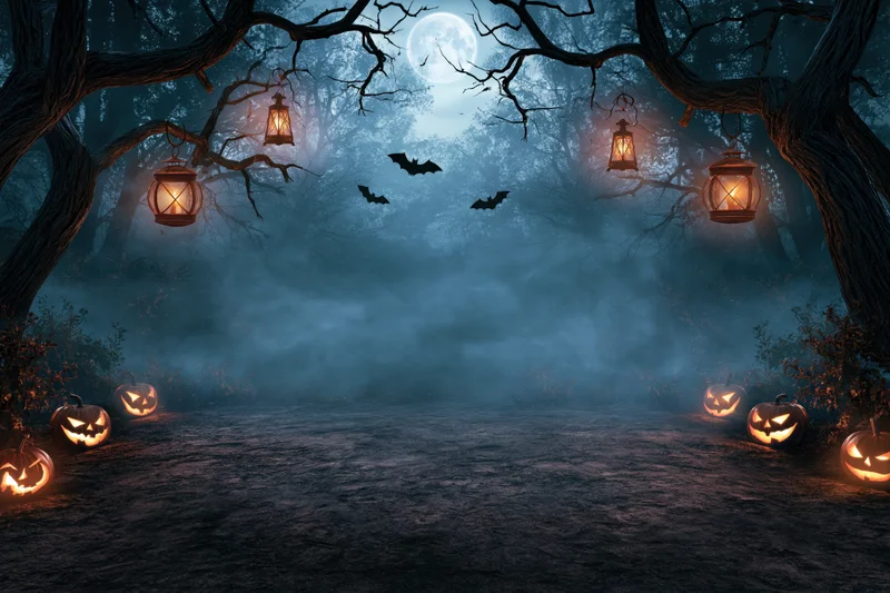 Spooky forest clearing at night with glowing jack-o-lanterns and lanterns hanging from trees under a full moon
