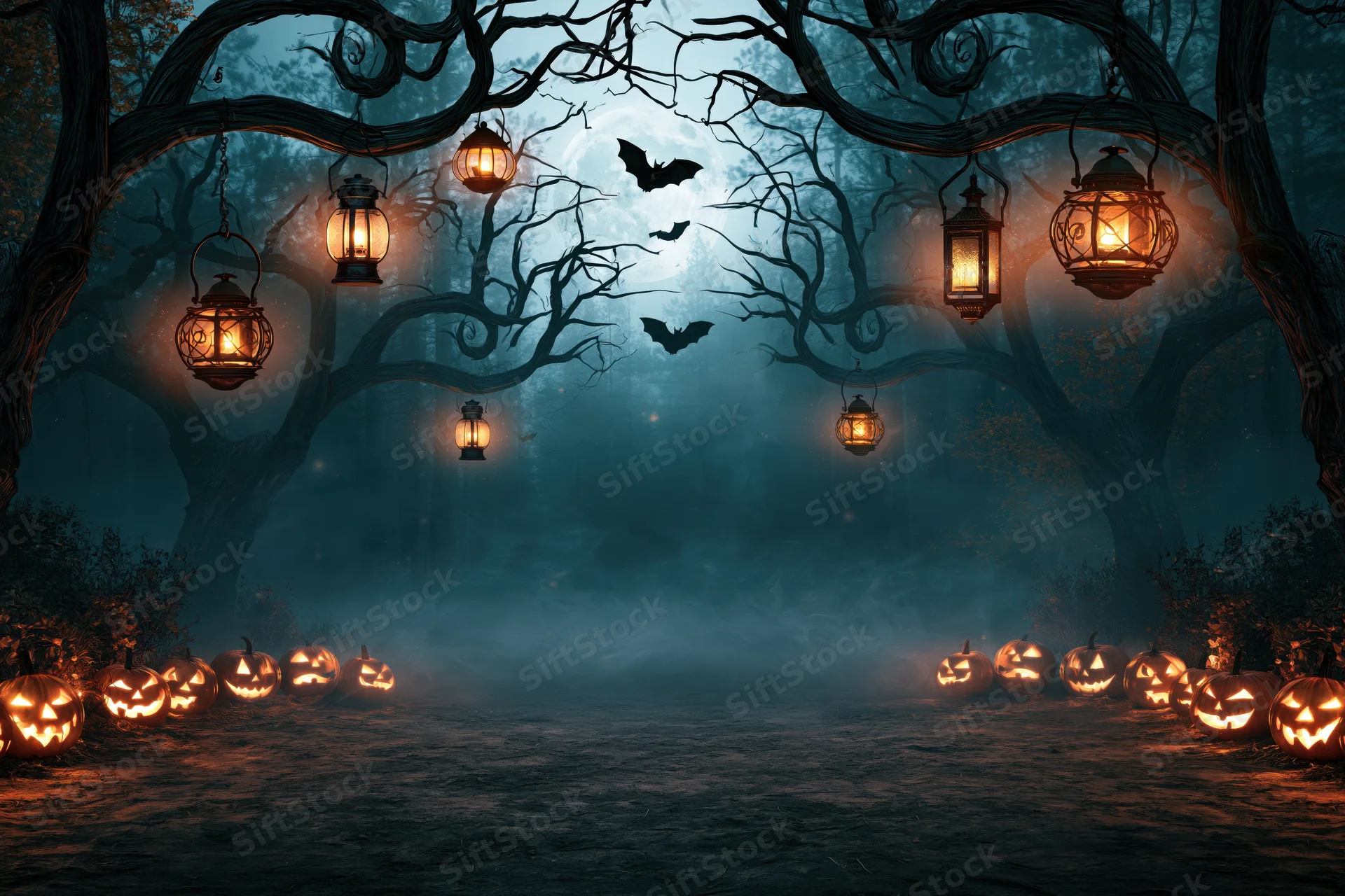 Spooky halloween forest clearing at night with glowing jackolanterns and hanging lanterns along a misty path framed by gnarled trees