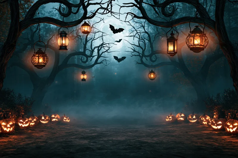 Spooky halloween forest clearing at night with glowing jackolanterns and hanging lanterns along a misty path framed by gnarled trees