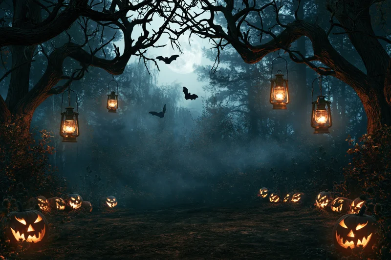 Spooky halloween forest clearing at night with jack-o-lanterns and hanging lanterns along a misty path