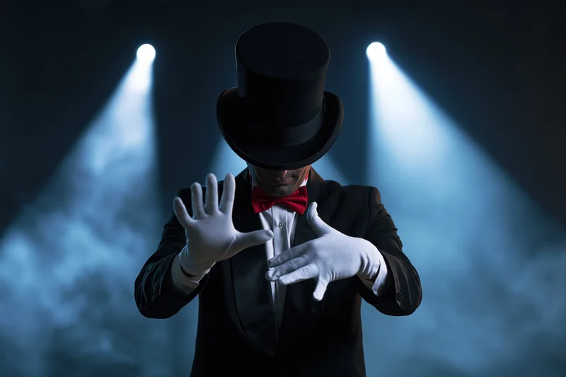 Magician in black tuxedo and top hat performing a trick under spotlights on a smoky stage