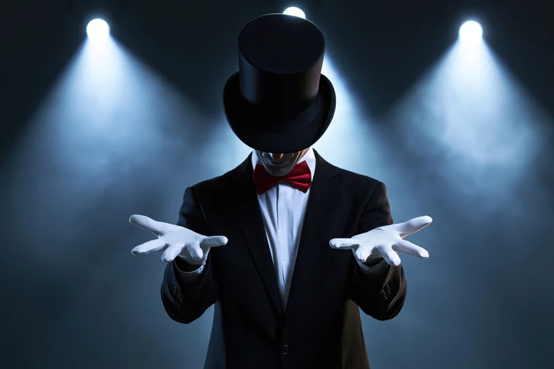 Magician in black suit and top hat performing under spotlights with white gloves and red bow tie