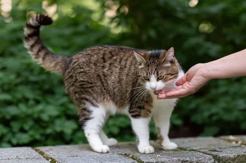 Tabby and white cat eating from a hand on a stone surface in a green garden