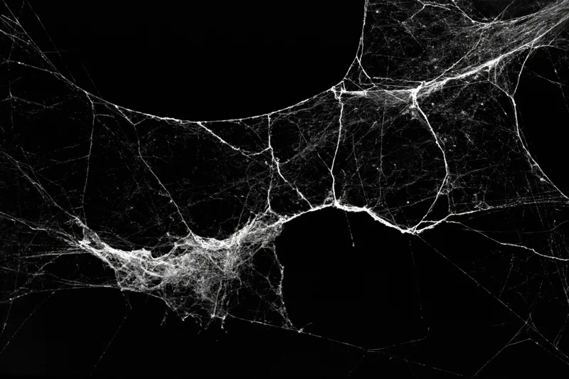 Tangled dusty spiderweb stretched across dark void