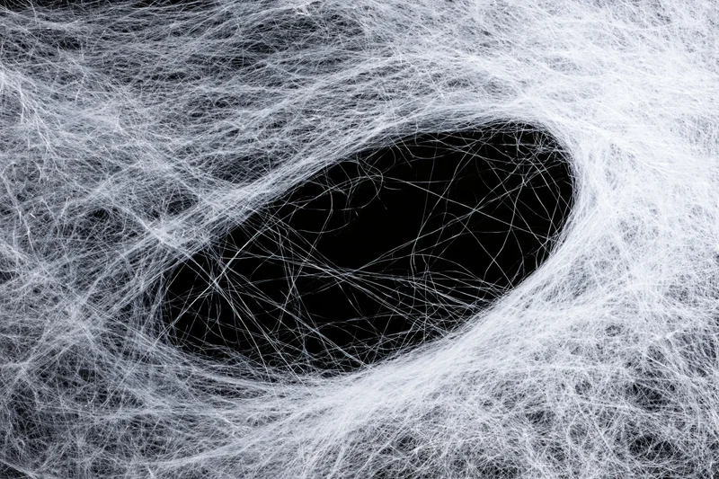 Tangled white synthetic spiderweb material forming a dense web against black background