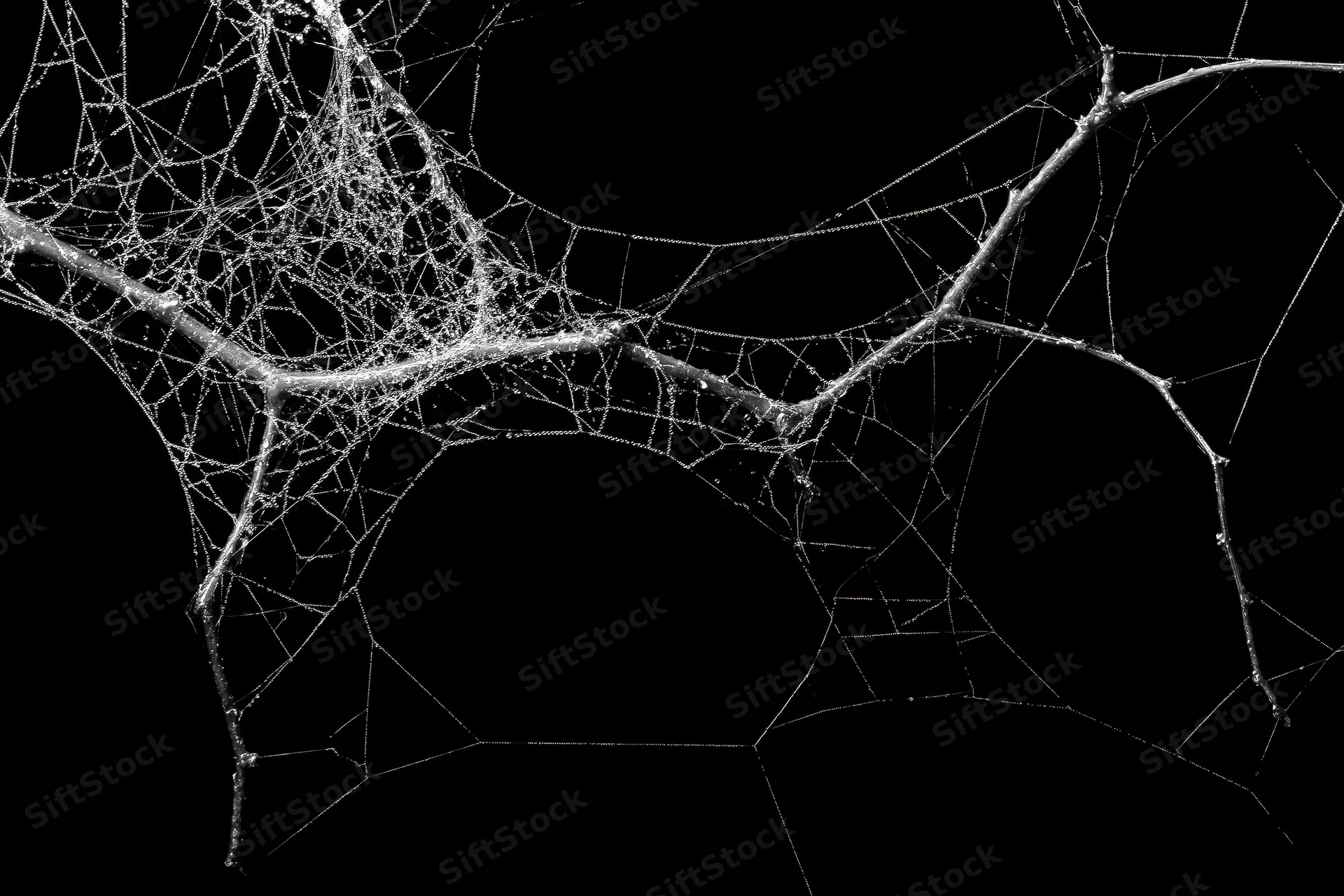 Tangled spiderweb with dew droplets against black background