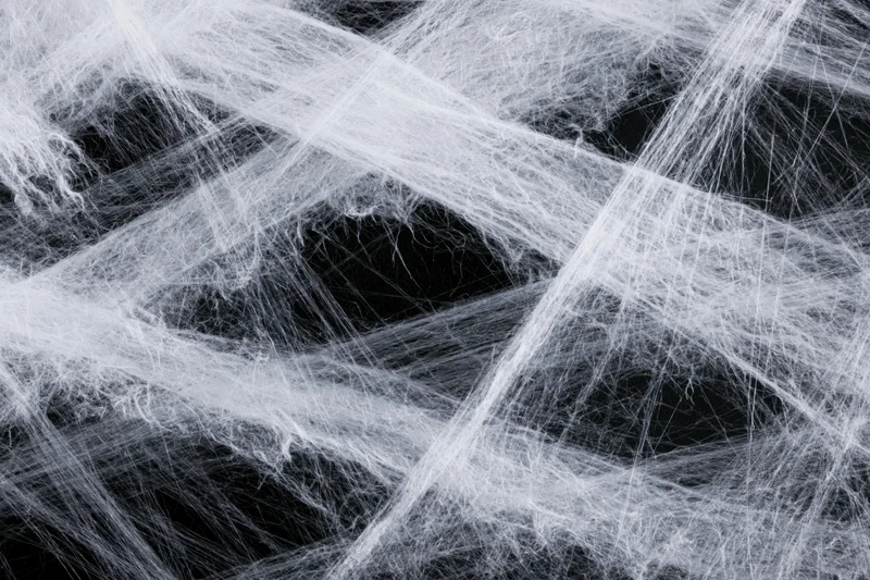 Tangled white synthetic spiderweb material stretched across a dark background