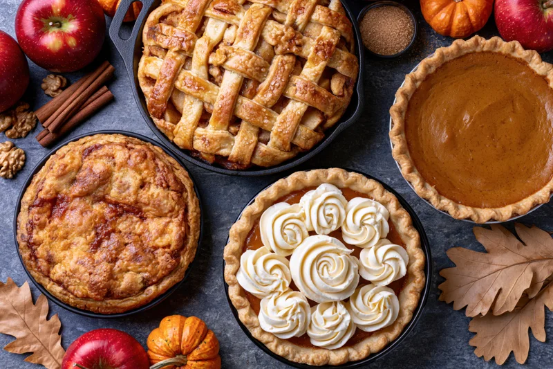Four autumn pies with apple, pumpkin and pecan fillings arranged on a dark stone surface with cinnamon sticks, walnuts and fall leaves