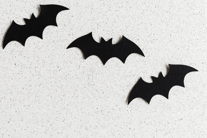 Three black paper bat cutouts arranged on a speckled white surface for halloween decoration
