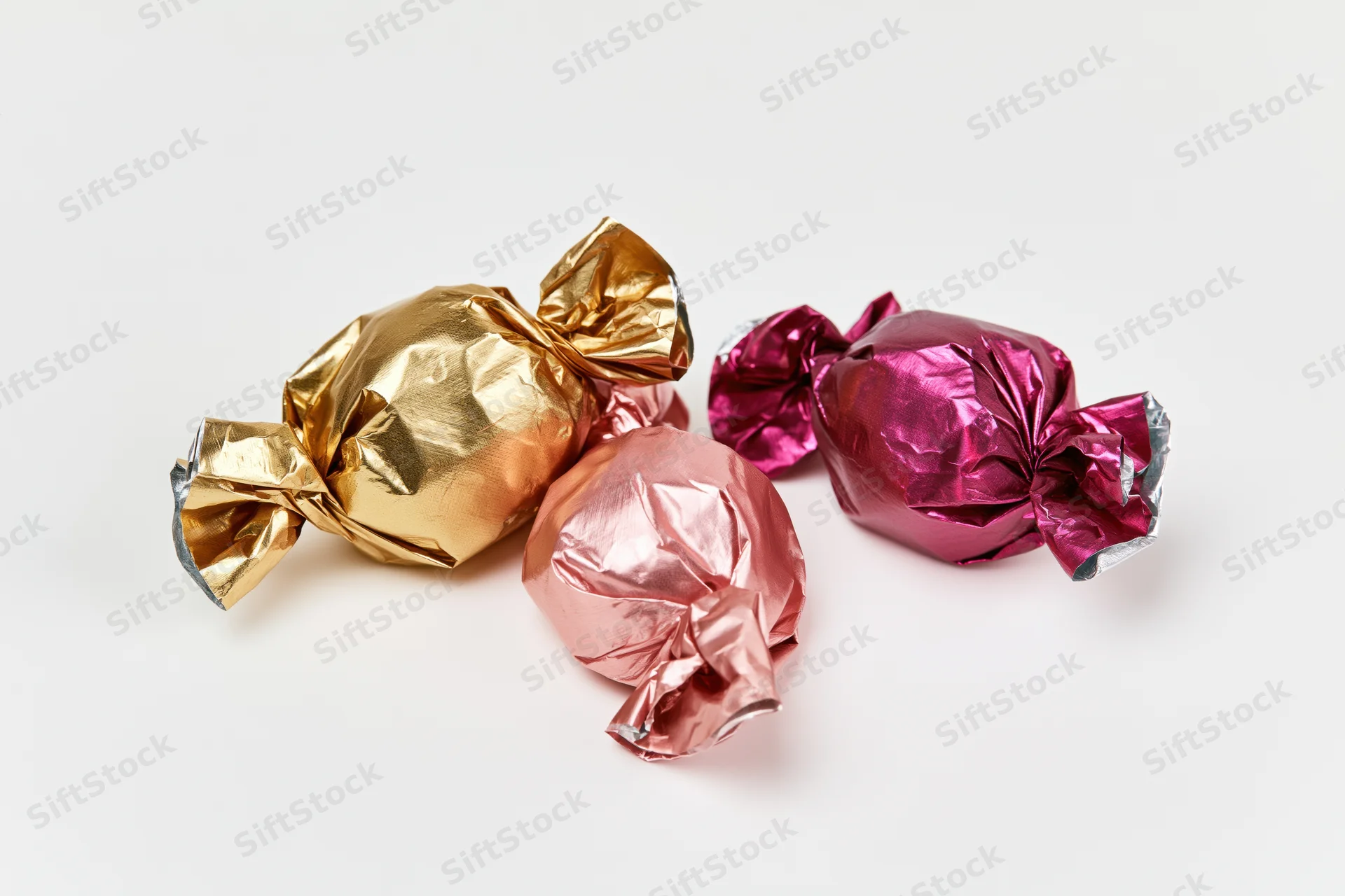 Foil-wrapped candies in gold, pink and magenta arranged on a white surface
