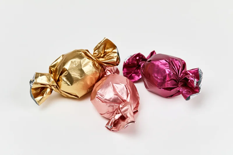 Foil-wrapped candies in gold, pink and magenta arranged on a white surface