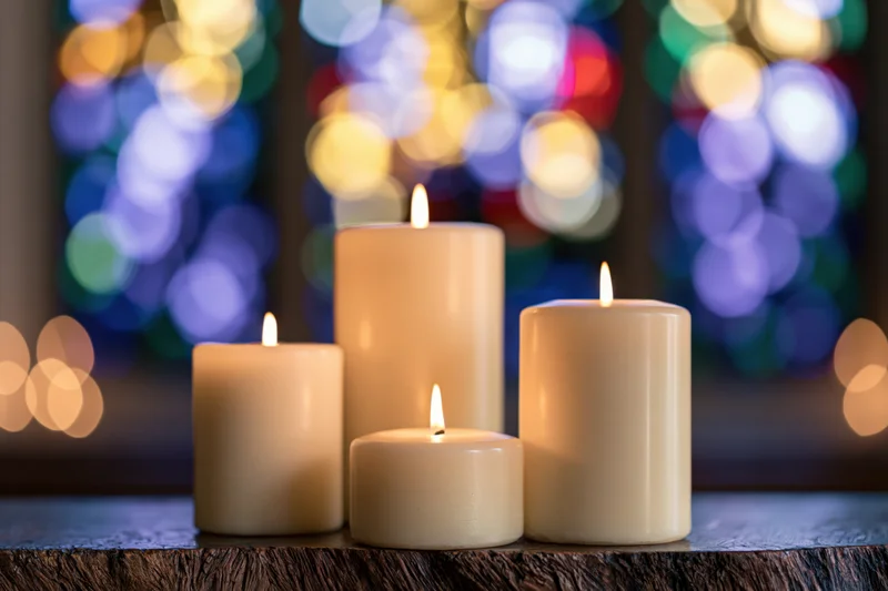Four ivory pillar candles burning on a wooden surface with colorful bokeh lights in the background