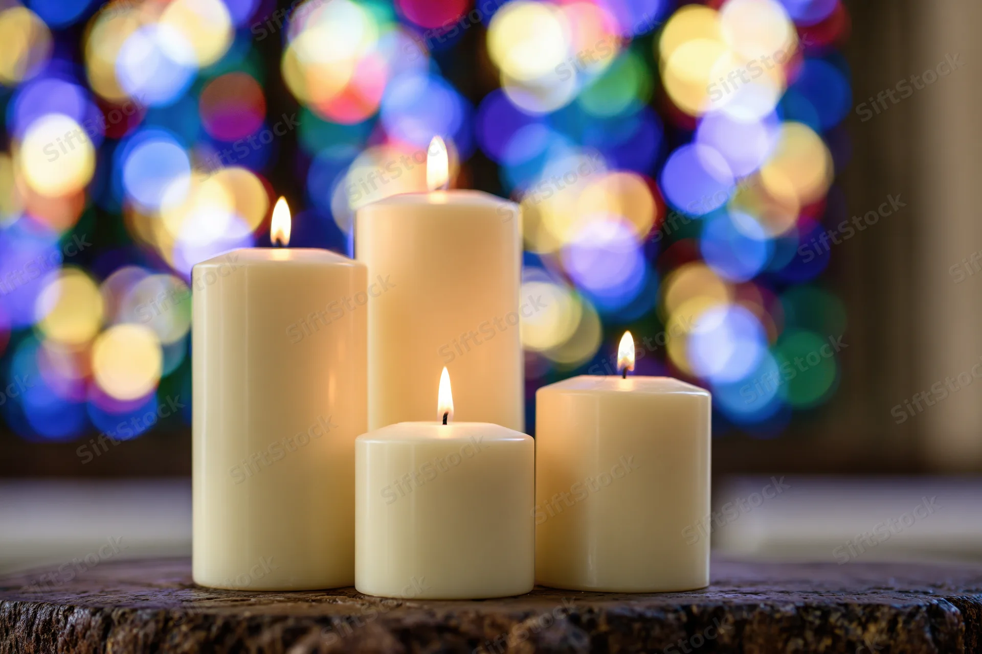Four ivory pillar candles burning on a wooden stump with colorful bokeh lights in the background