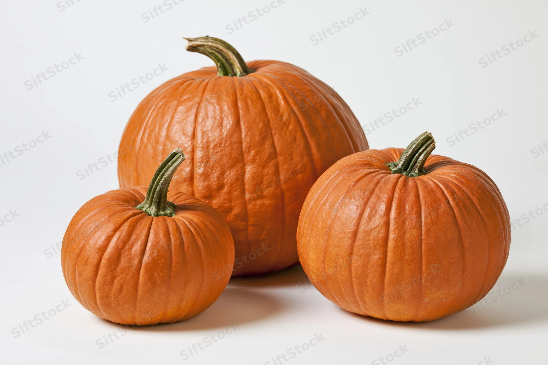 Three pumpkins of varying sizes arranged together on a white surface