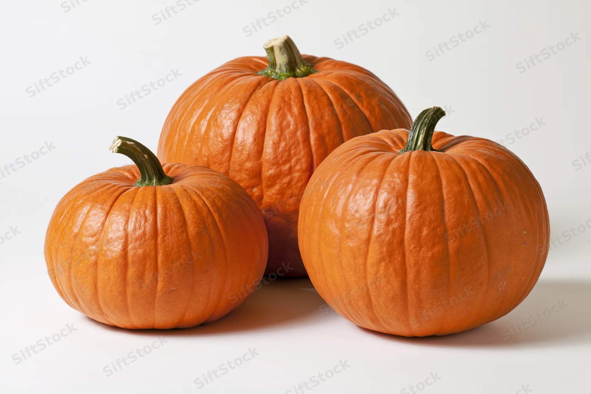 Three orange pumpkins of varying sizes arranged together on a white surface